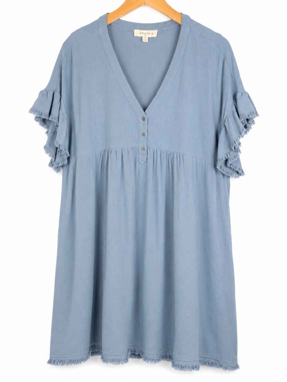 Umgee Linen Blend Ruffle Sleeve Shift Dress Blue Frayed Hem XL